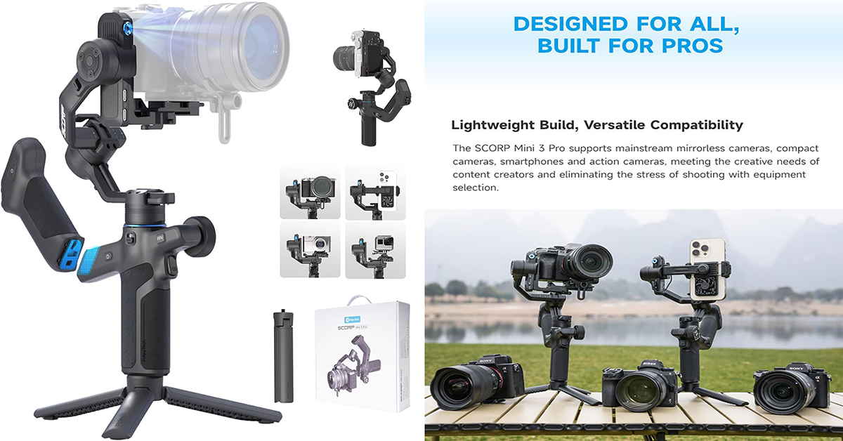 FeiyuTech SCORP Mini-3-Pro 3-axis gimbal stabilizer for mirrorless cameras, smartphones, and action cameras with AI tracking and detachable remote handle for smooth video creation