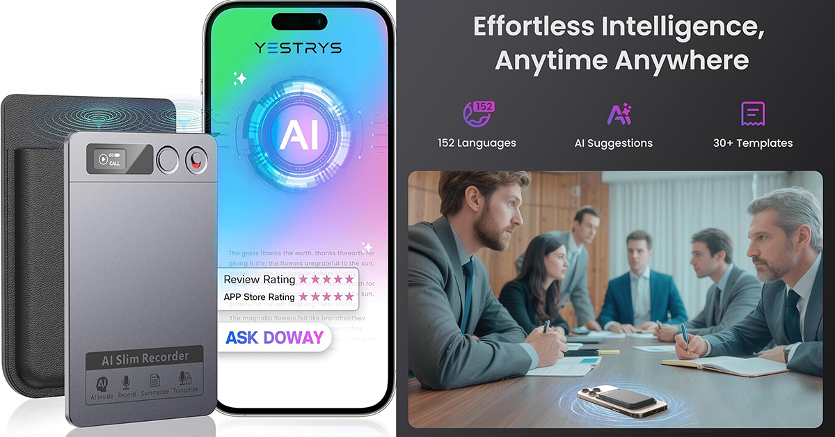 AI Voice Recorder Review 2026 featuring the YESTRYS AI Voice Recorder with GPT-4o transcription, AI noise cancellation, 64GB storage, 152-language support, and Bluetooth connectivity for meetings, lectures, interviews, and voice recording