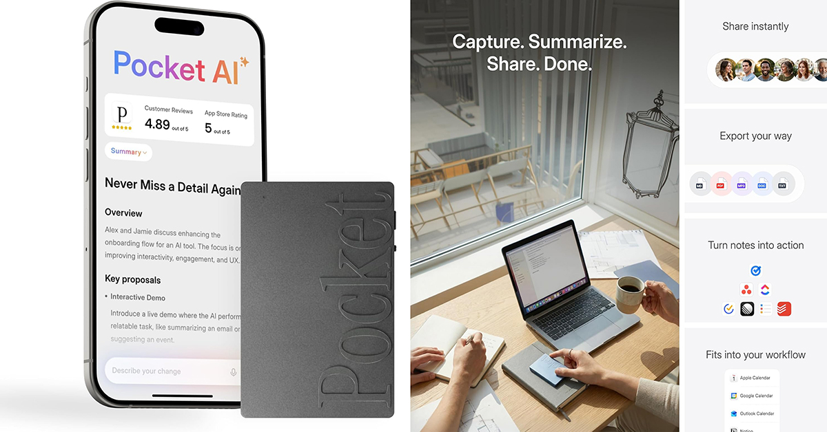 Pocket AI Voice Recorder & Smart Assistant with AI transcription for meetings and note-taking in Space Grey