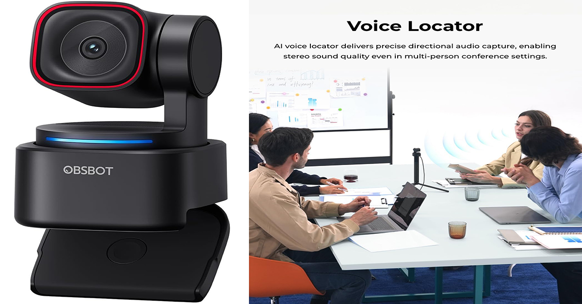 OBSBOT Tiny 3 Lite AI-powered 4K webcam with AI tracking, PTZ design, and three-microphone spatial audio system.