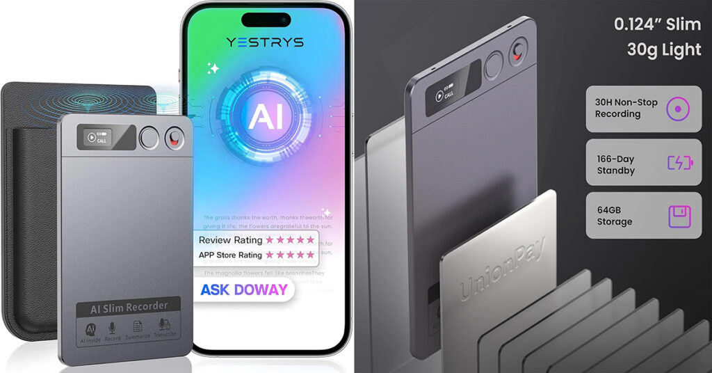 AI Voice Recorder with 64GB storage, AI transcription, noise cancellation, Bluetooth connectivity, and 35-hour battery life.